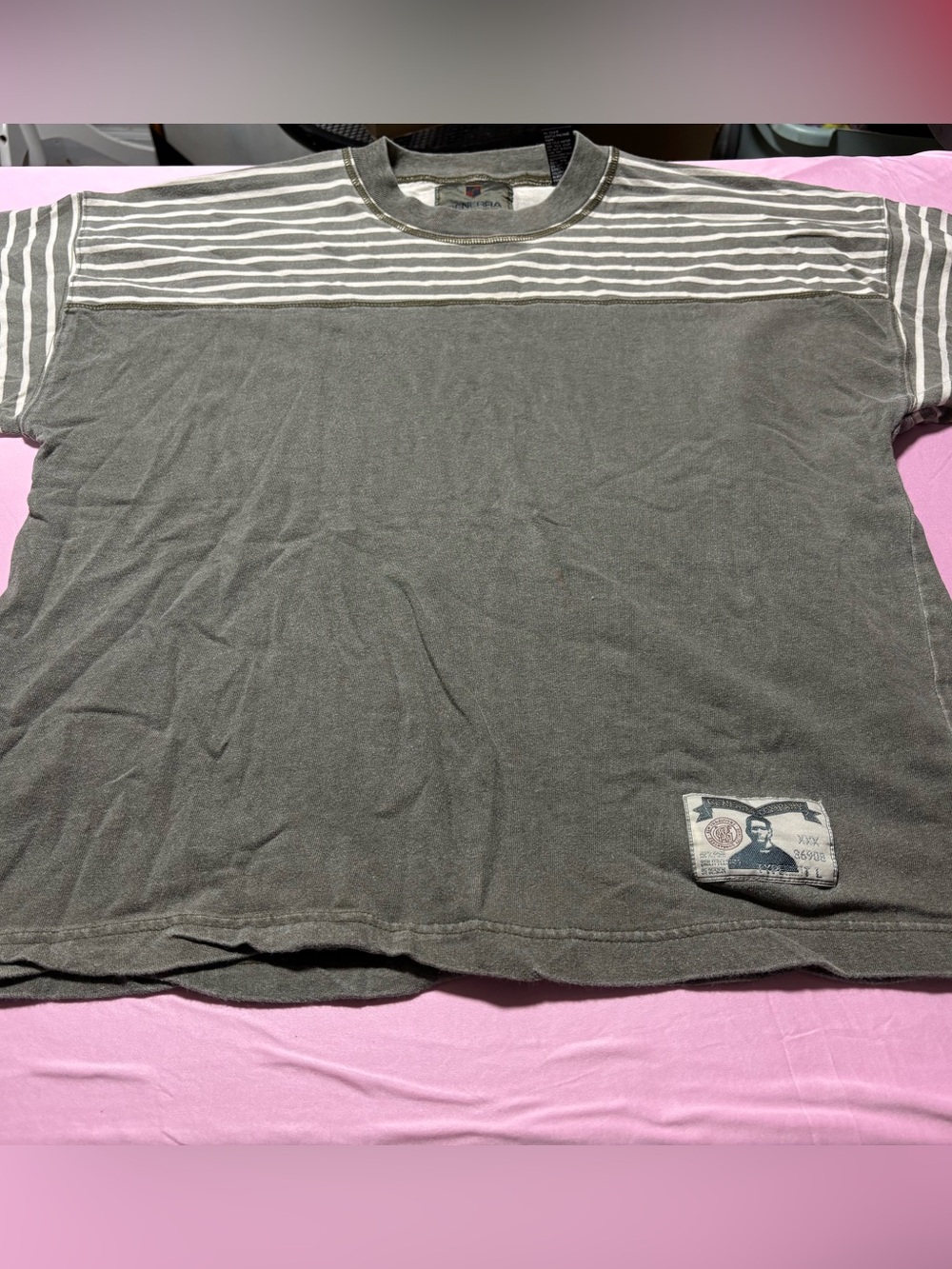 GENERRA Gray and White Striped Crewneck Tee
